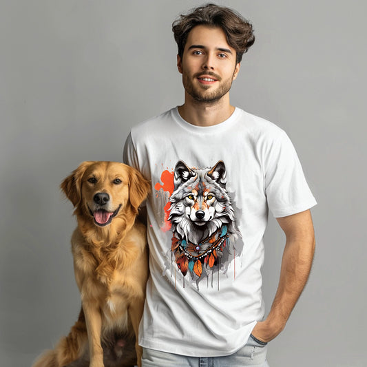 T-Shirt Wolf coole Motiv-Bild Jungemann mit Hund und Wolf  T-Shirt